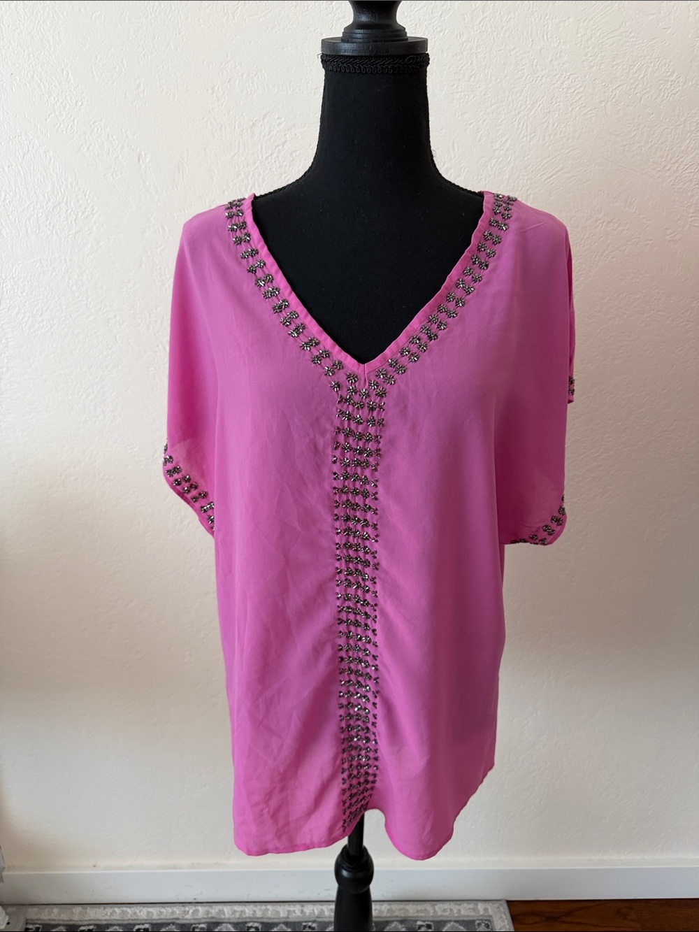 Y2K Beaded Embellished V-Neck Pink Women's Tunic size Medium